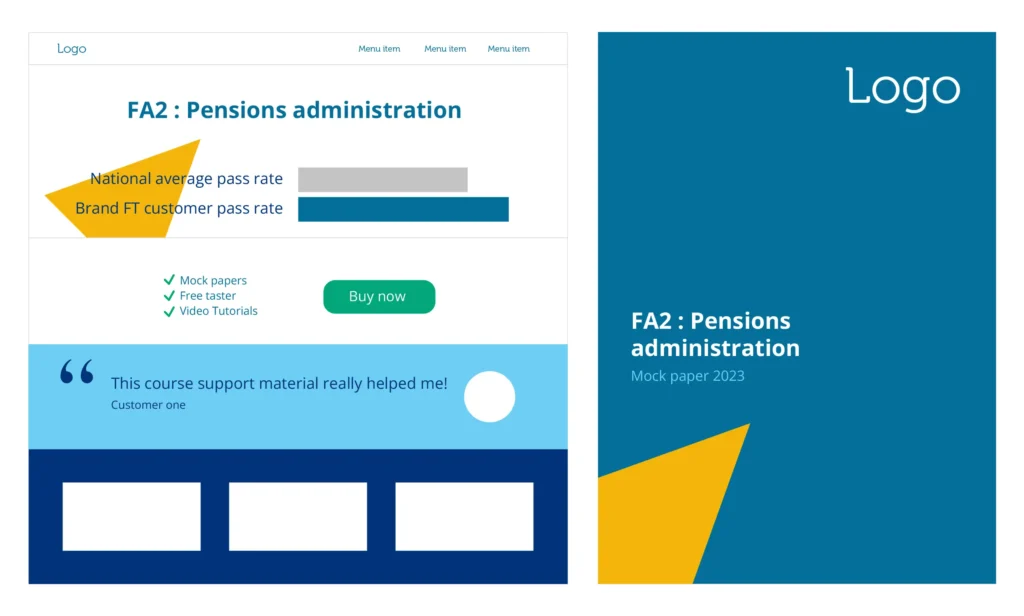 Brand Financial Training example wireframes for web page and document cover using new expanded colour palette.