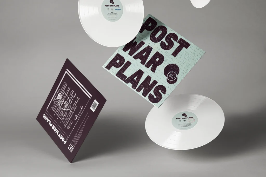 Multiple copies of Post War Plans album by Debris Discs shown falling to show front, rear and vinyls