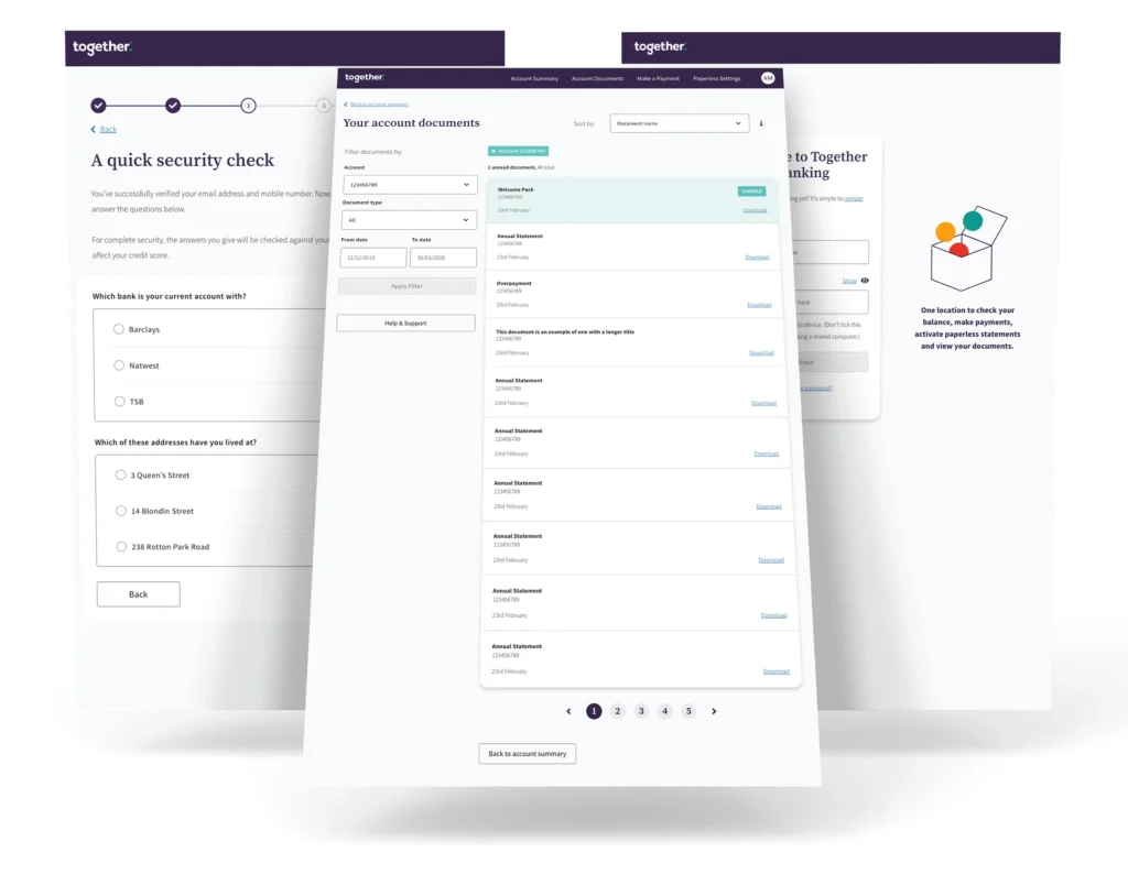 3 screens showing customer account security check, customer account documents and customer account login.