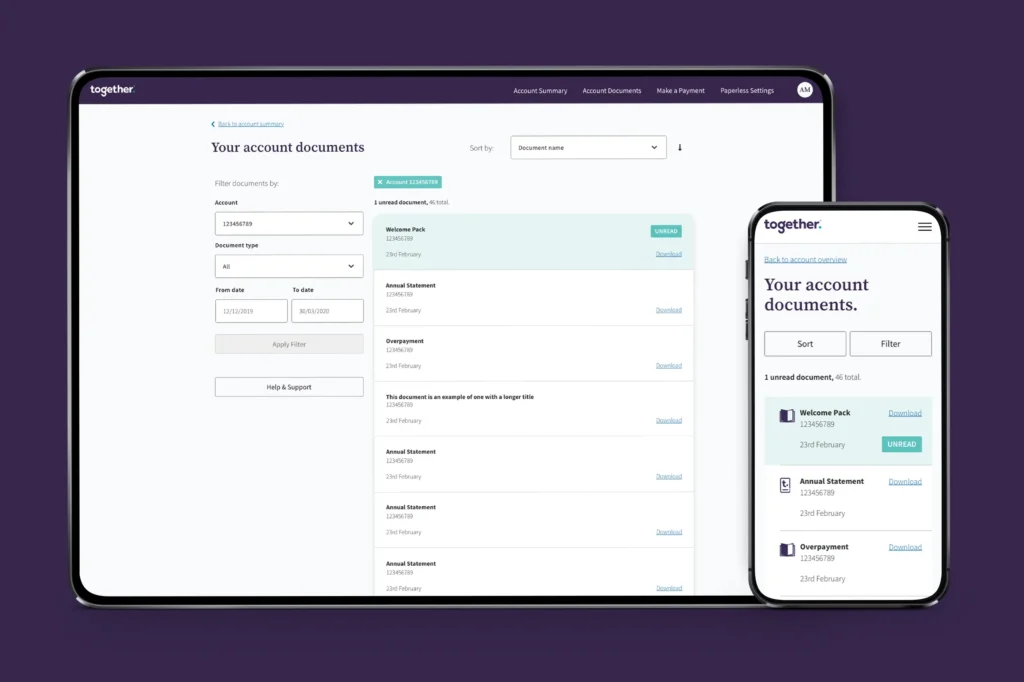 Tablet and mobile showing a customer account dashboard area in responsive views