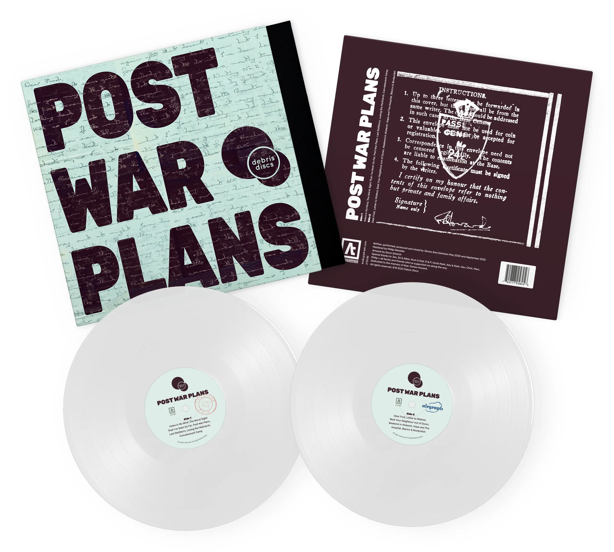 Two copies of Post War Plans album laid out so you can see the front, rear and both sides of the vinyl