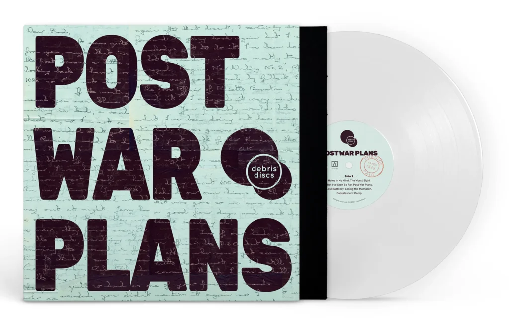 Post War Plans album front cover with sleeve and side 1 of vinyl sticking out from the right hand side