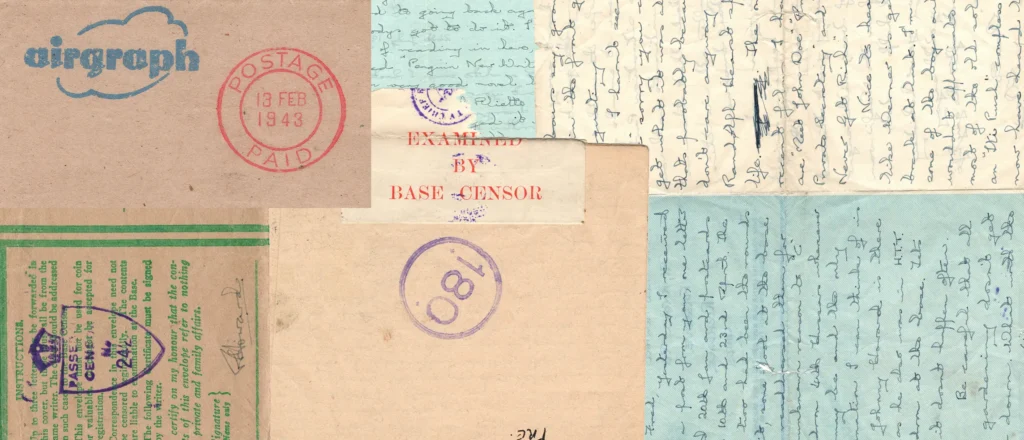 Montage of letters and envelopes from World War 2 which formed inspiration for the Post War Plans album from Debris Discs