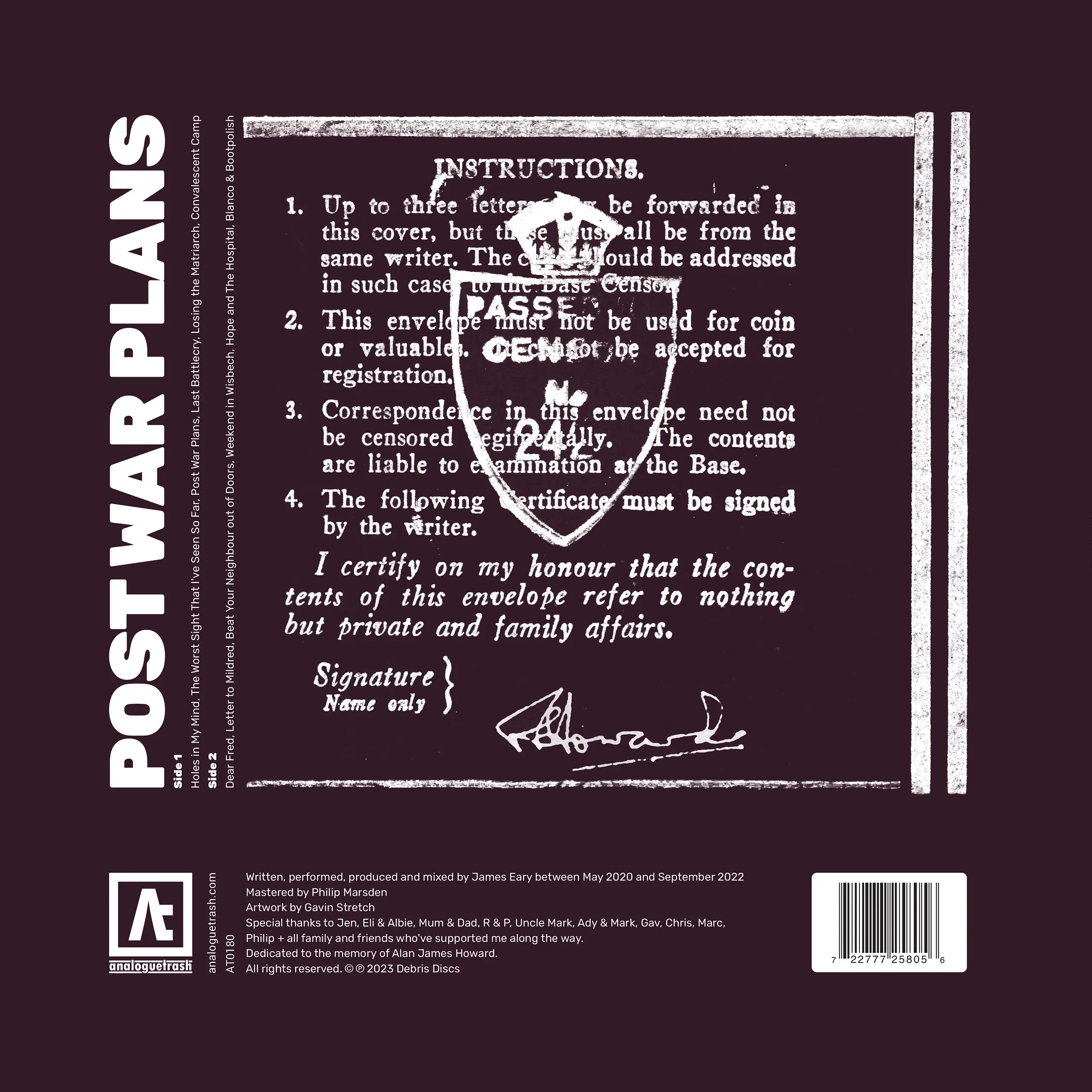 Post War Plans album artwork rear