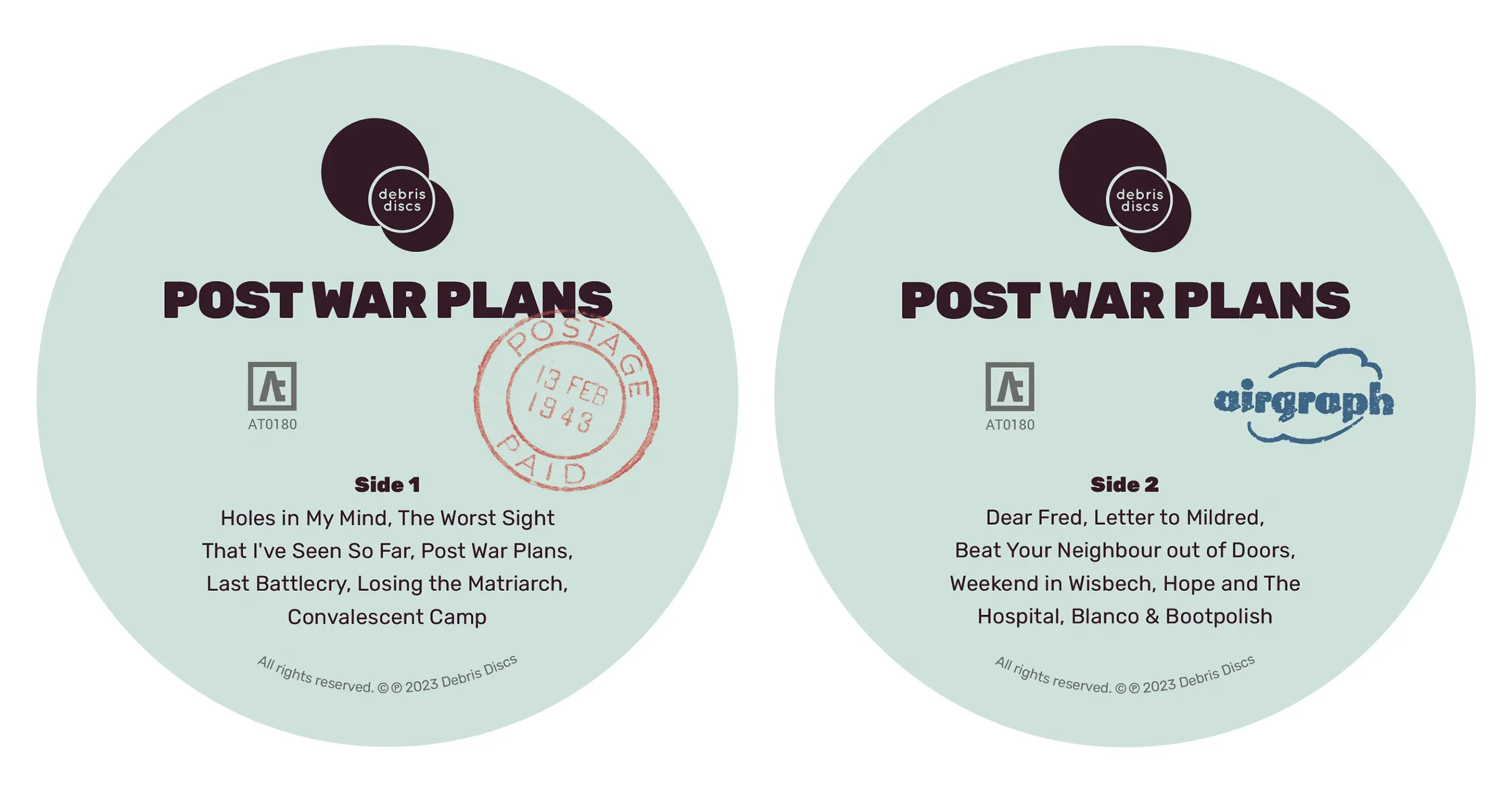 Post War Plans vinyl labels Sides 1 and 2 side by side