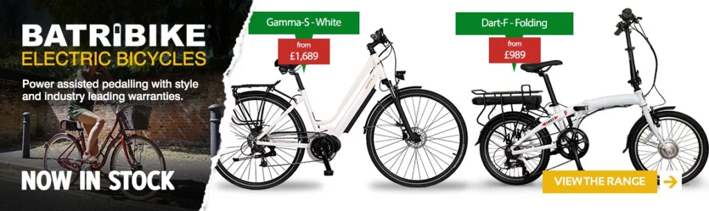 Batribike electric bicycles now in stock. Website banner design by Mode=Create for cycle retailer featuring two Batribike models.