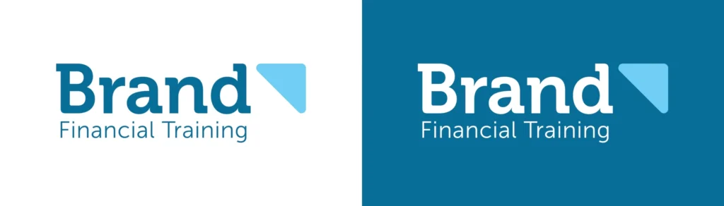 Brand Financial Training - New logo shown on white and second logo shown reversed out on brand blue.