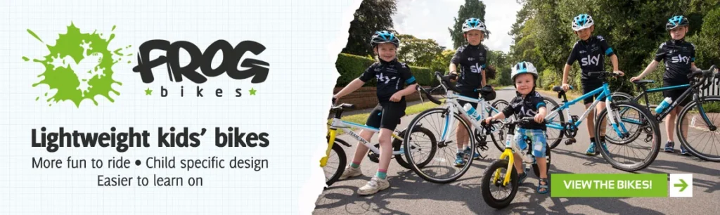 Frog lightweight kids bikes now in stock. Website banner design by Mode=Create showing children on Frog bikes.