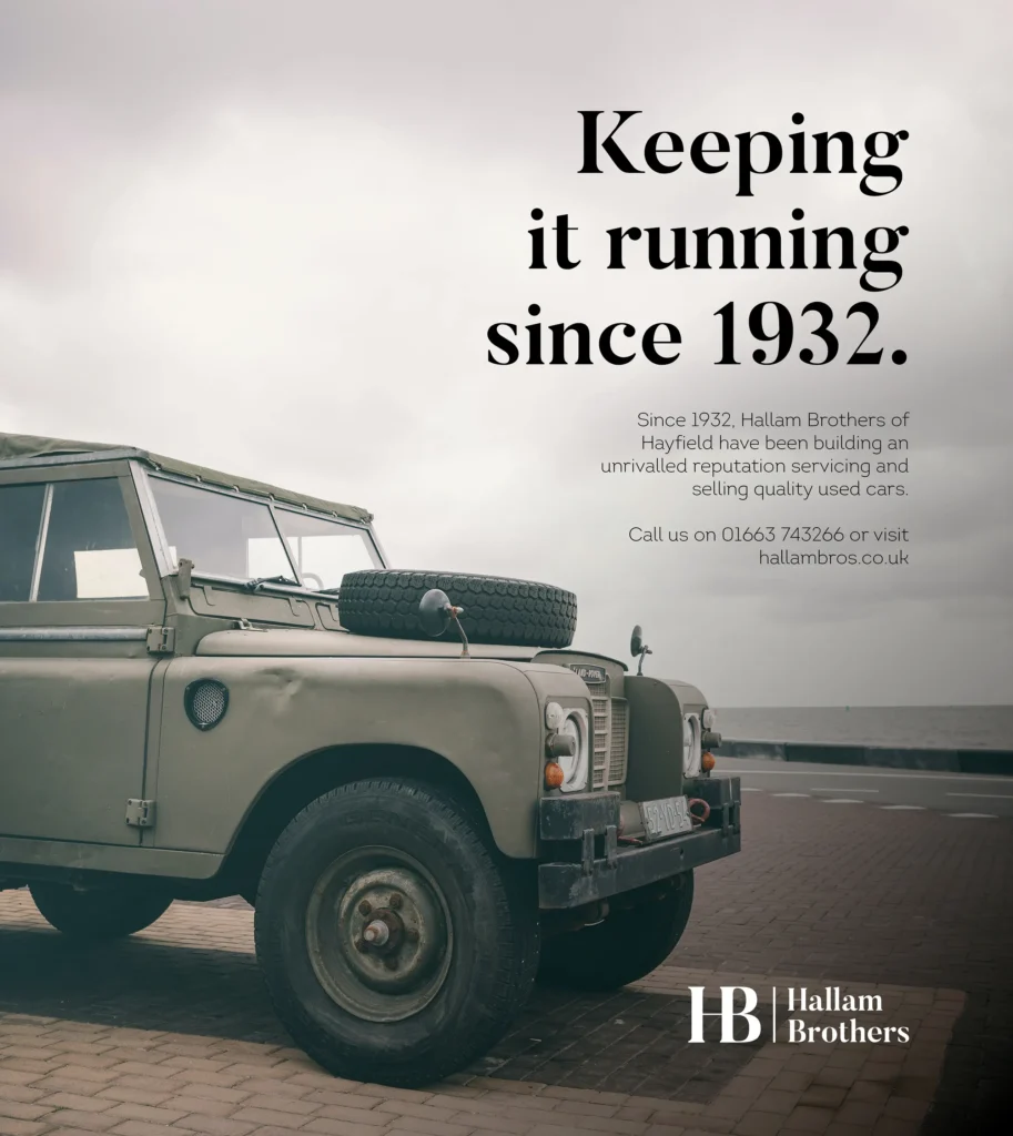 Example Hallam Brother advert by Mode=Create - This advert shows an old Land Rover with the headline "Keeping it running since 1932."