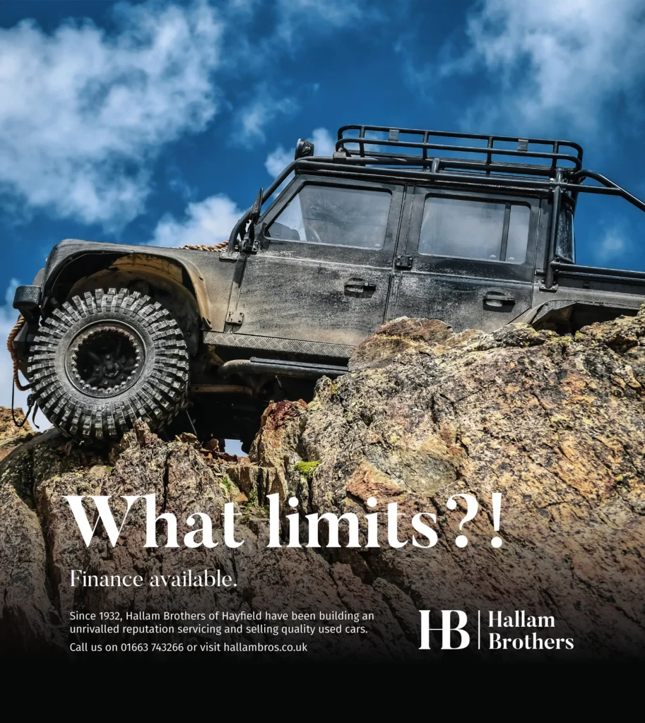 Example Hallam Brother advert by Mode=Create - This advert shows an black extreme off-road Land Rover traversing a cliff with the headline "What limits?!"