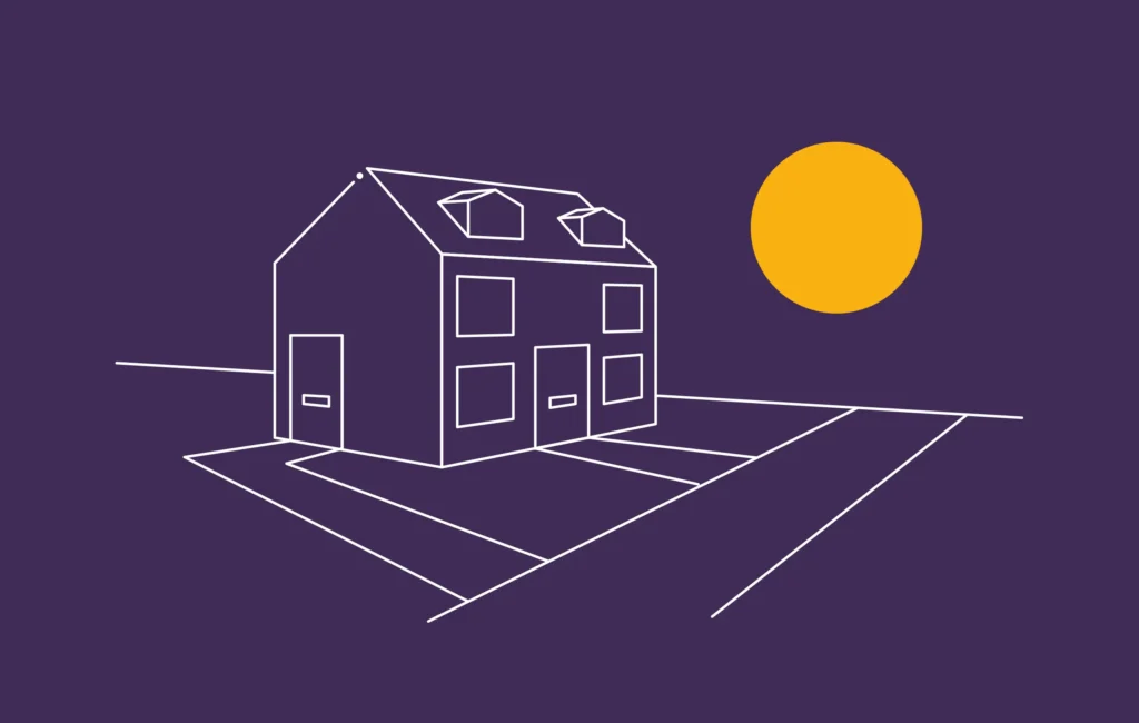 A stylistic line drawing of a house with a big sun in the sky designed by Mode=Create.