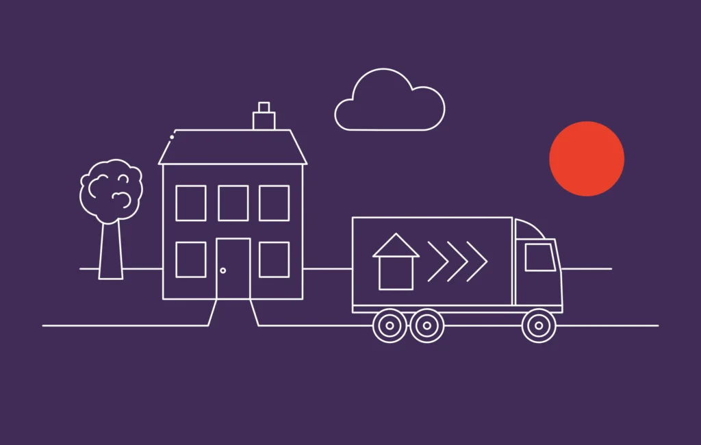 A stylistic line drawing of a removal truck and a house with a red sun in the sky alongside a cloud designed by Mode=Create.