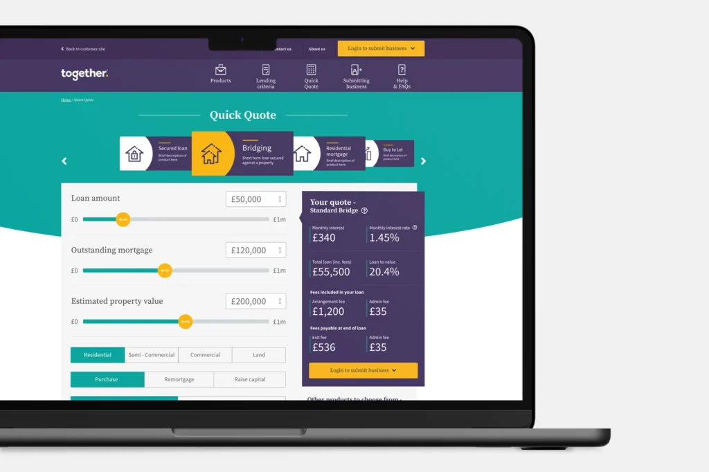 Quick quote finance calculator design by Mode=Create presented on a laptop screen.