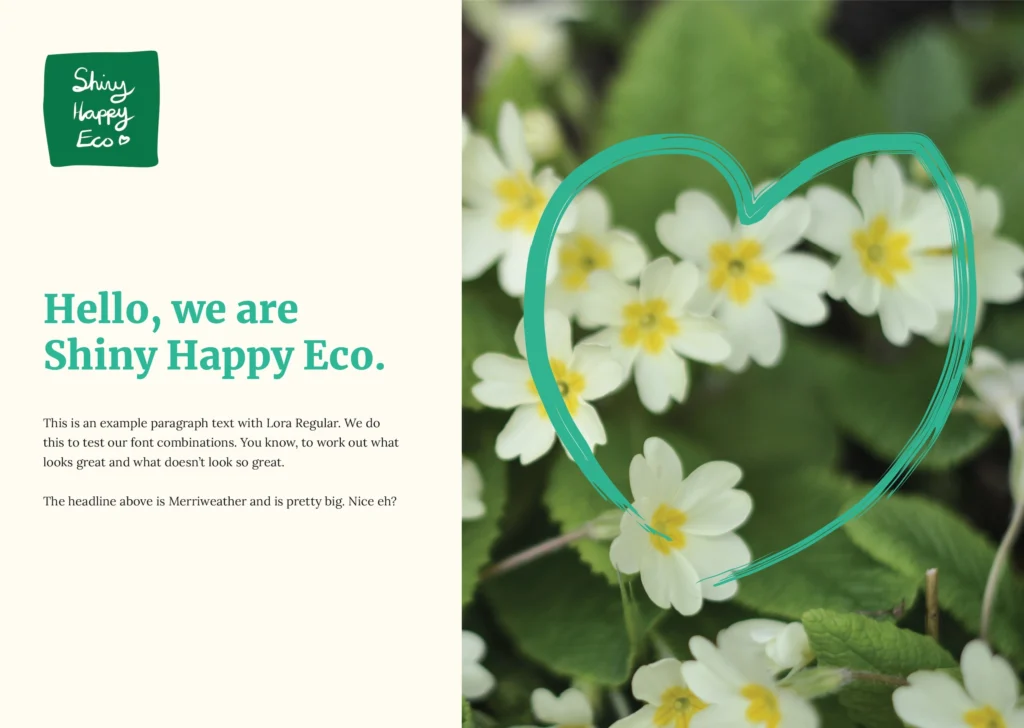 Shiny Happy Eco example print layout with example copy and imagery designed by Mode=Create and intended to be used to lead future design by Shiny Happy Eco.