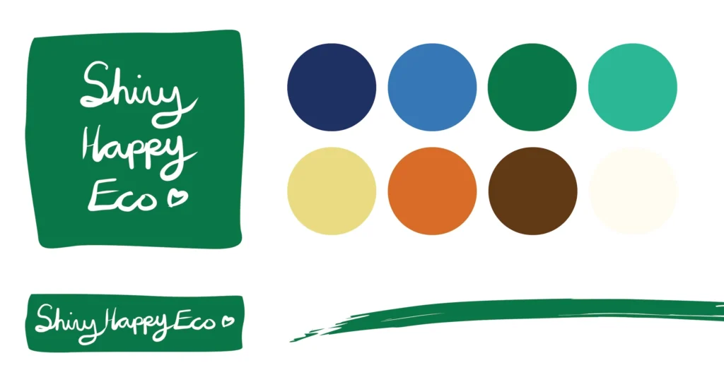 Shiny Happy Eco primary square logo and secondary horizontal logo shown with colour palate and paint brush swoosh.