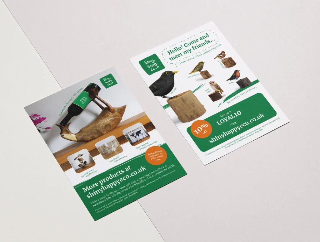 Front and rear of a Shiny Happy Eco promotional leaflet showing products and information as designed by Mode=Create.