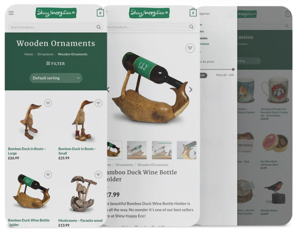 Three mobile screens showing various pages of the Shiny Happy Eco website - Example product category page, product detail page and filter functionality.