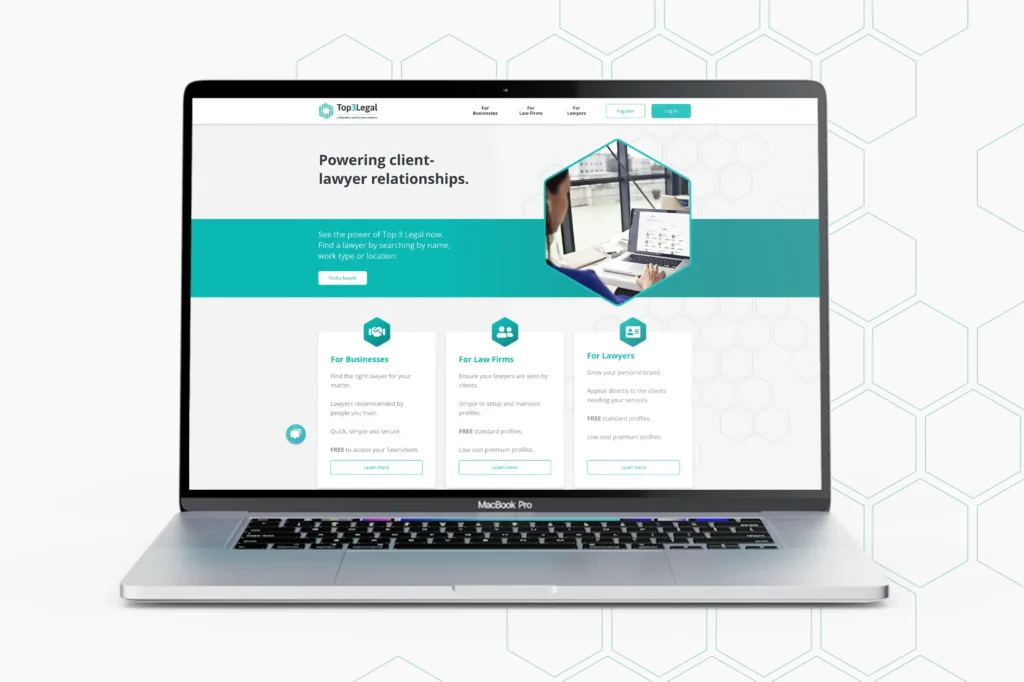 Laptop showing new Top 3 Legal website design by Mode=Create.